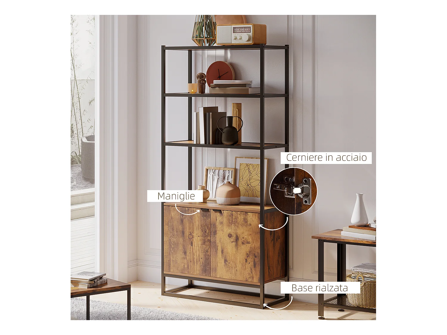 Libreria antiribaltamento stile industriale vintage marrone