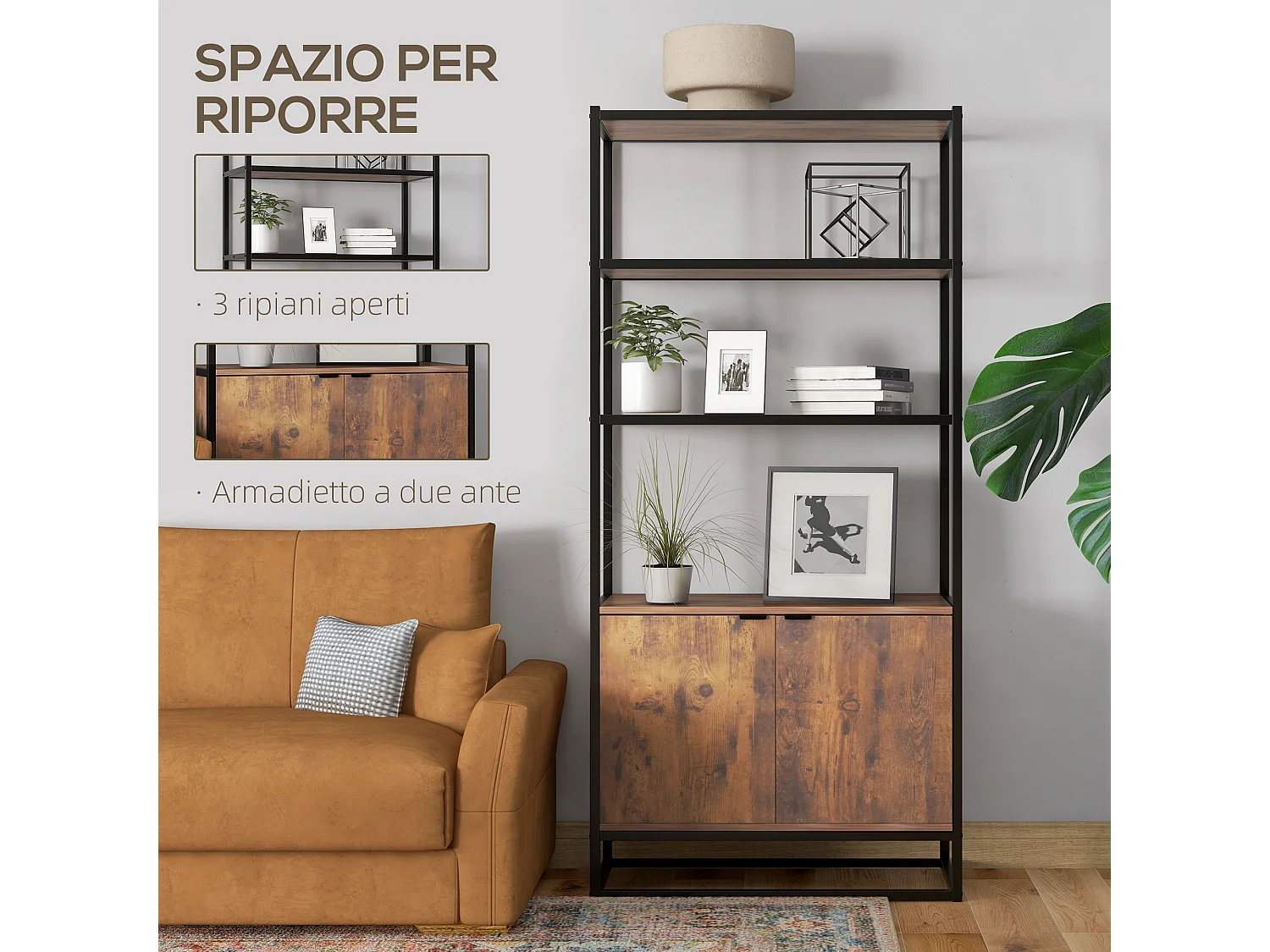 Libreria antiribaltamento stile industriale vintage marrone