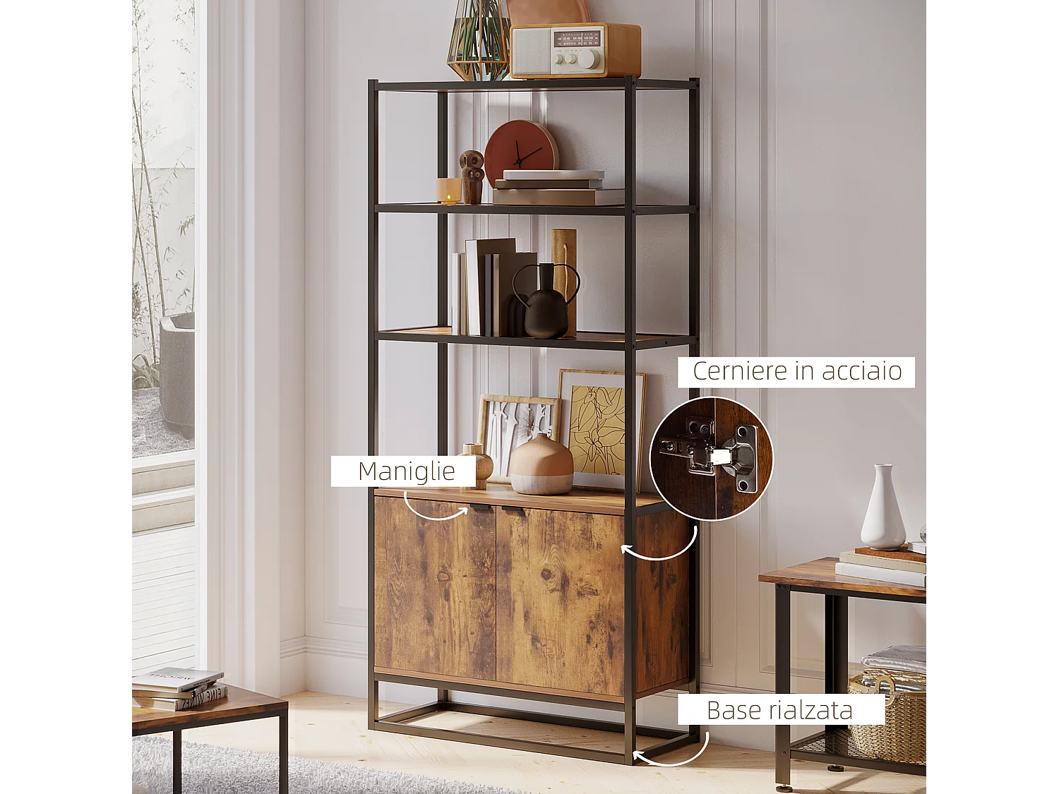 Libreria antiribaltamento stile industriale vintage marrone