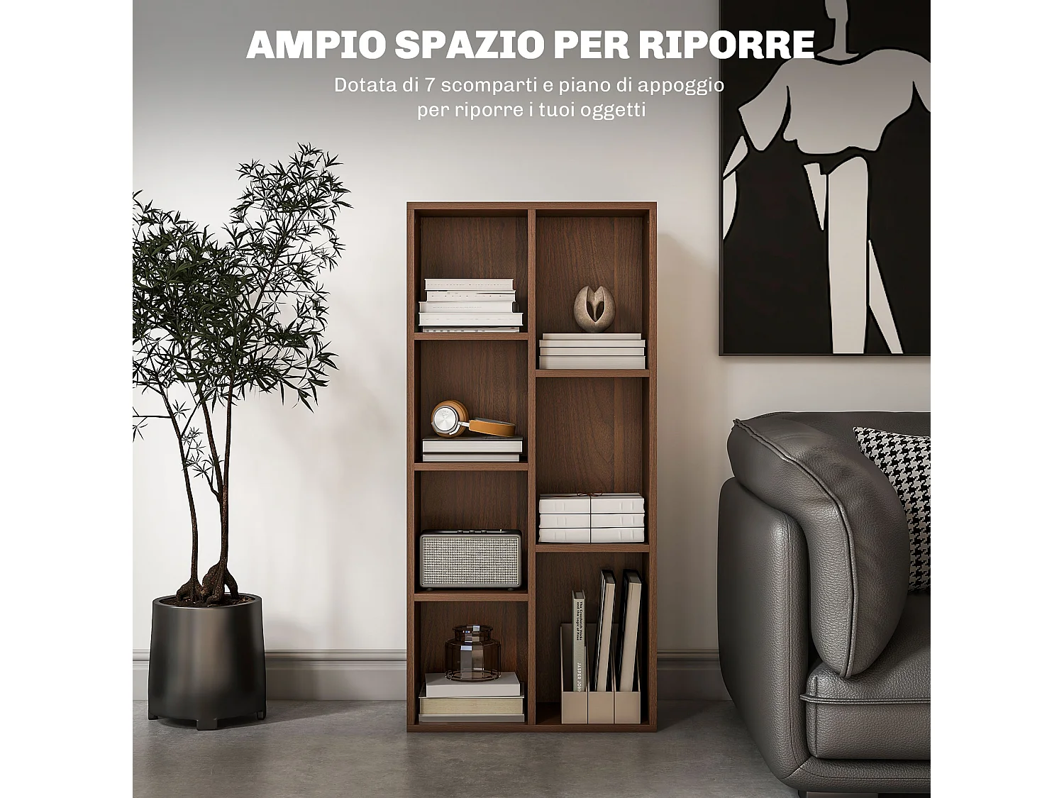 Libreria moderna con 6 ripiani per casa e ufficio in legno bianco