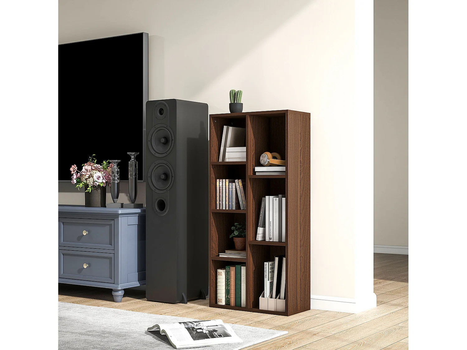 Libreria moderna con 6 ripiani per casa e ufficio in legno bianco