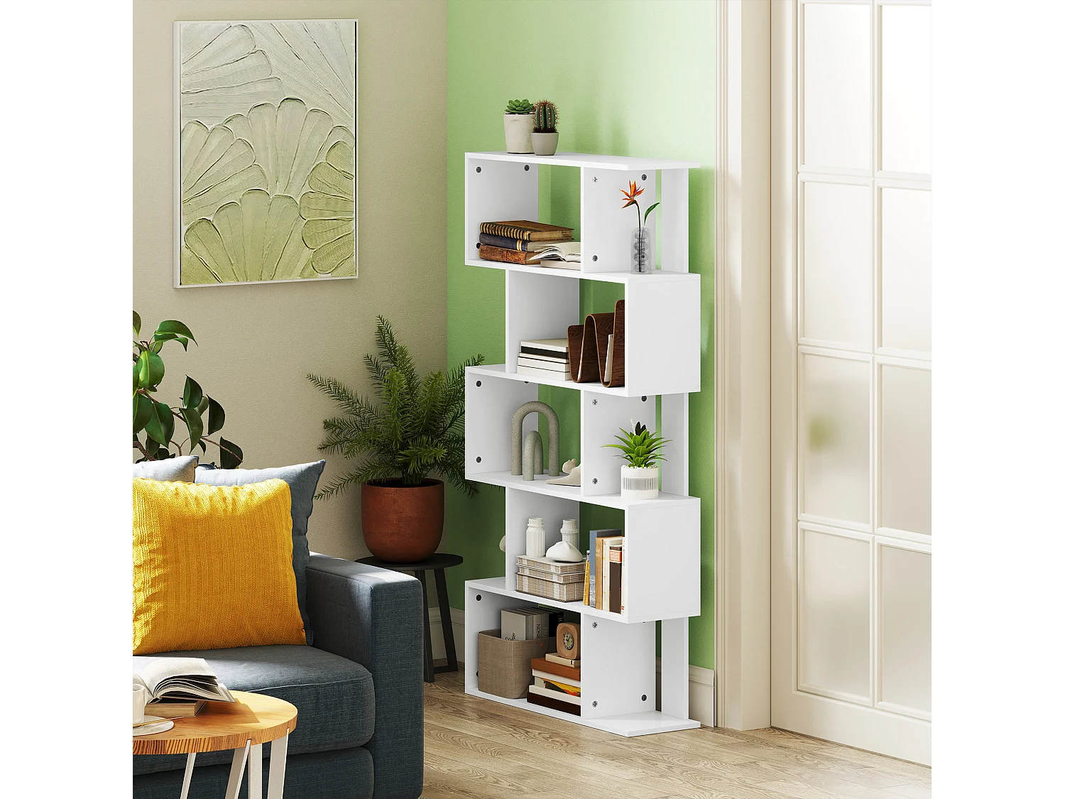 Mobile libreria a 5 ripiani con 3 scaffali flessibili in legno bianco