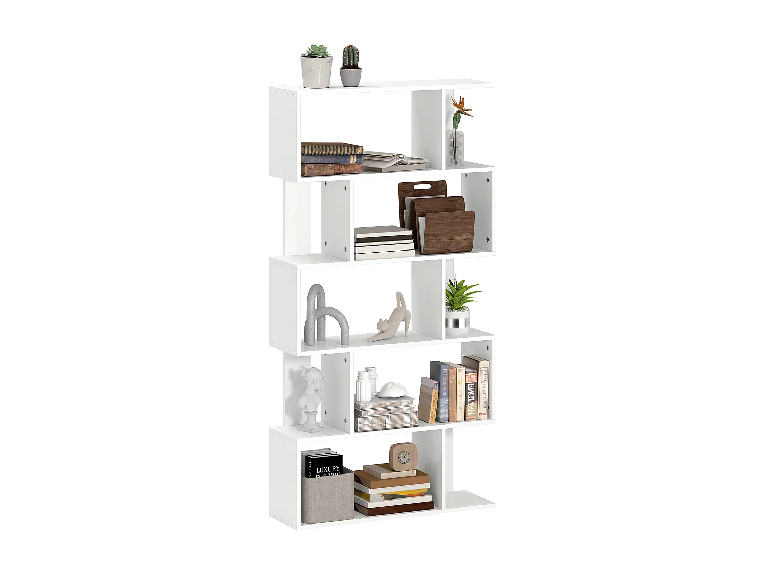 Mobile libreria a 5 ripiani con 3 scaffali flessibili in legno bianco