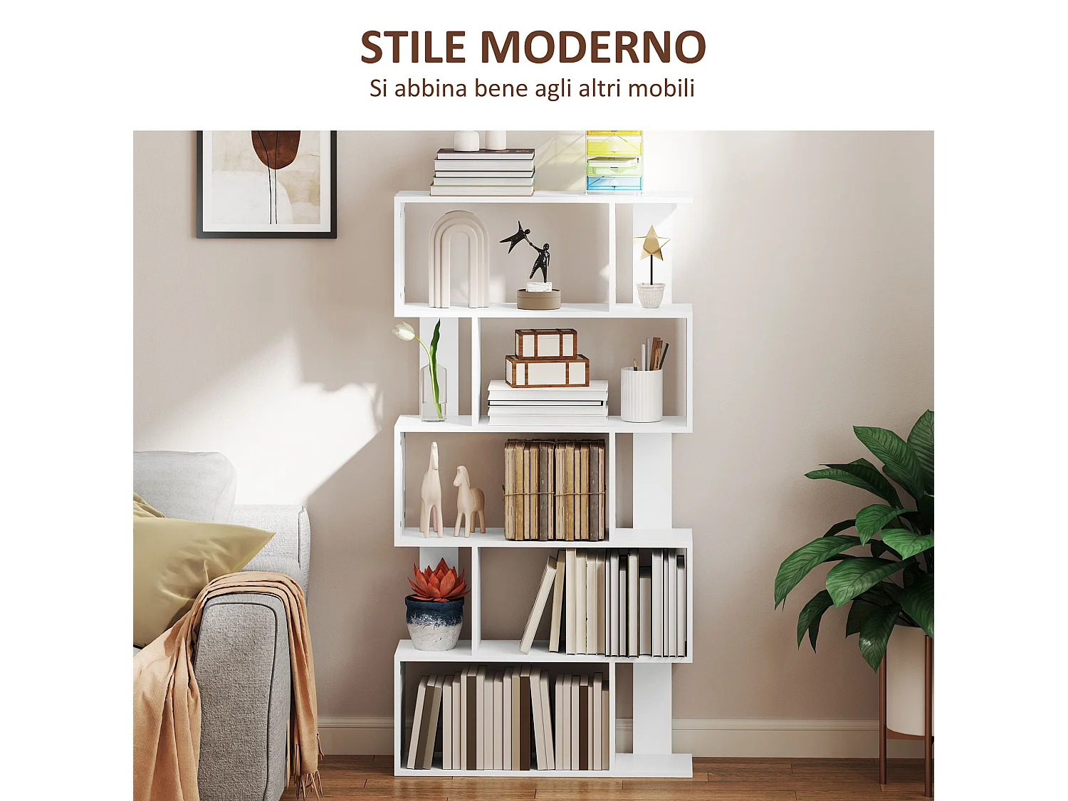 Mobile libreria a 5 ripiani con 3 scaffali flessibili in legno bianco