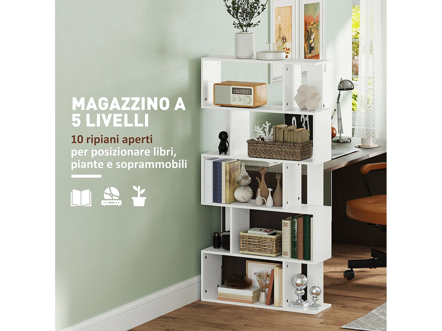 Mobile libreria a 5 ripiani con 3 scaffali flessibili in legno bianco