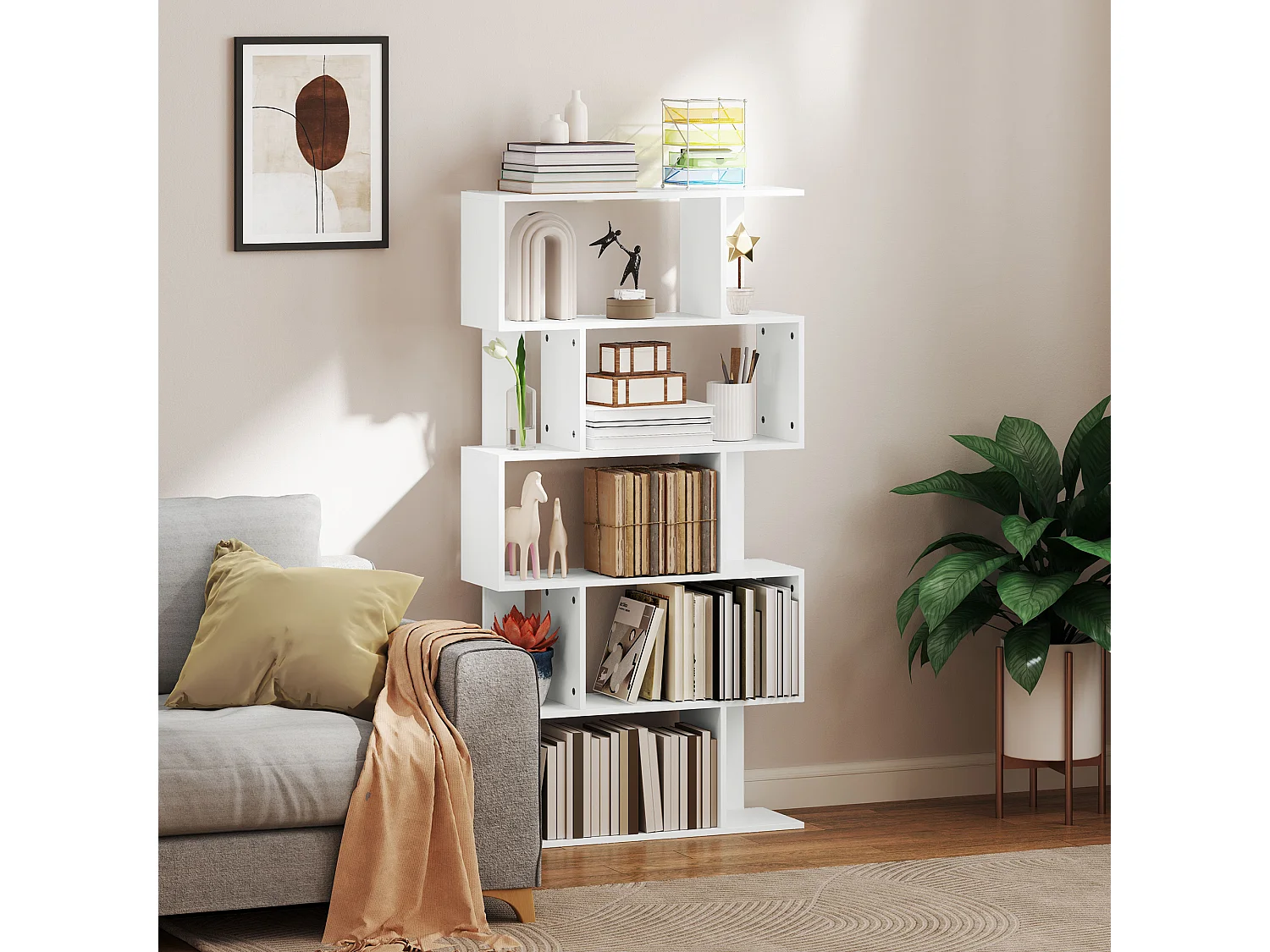 Mobile libreria a 5 ripiani con 3 scaffali flessibili in legno bianco