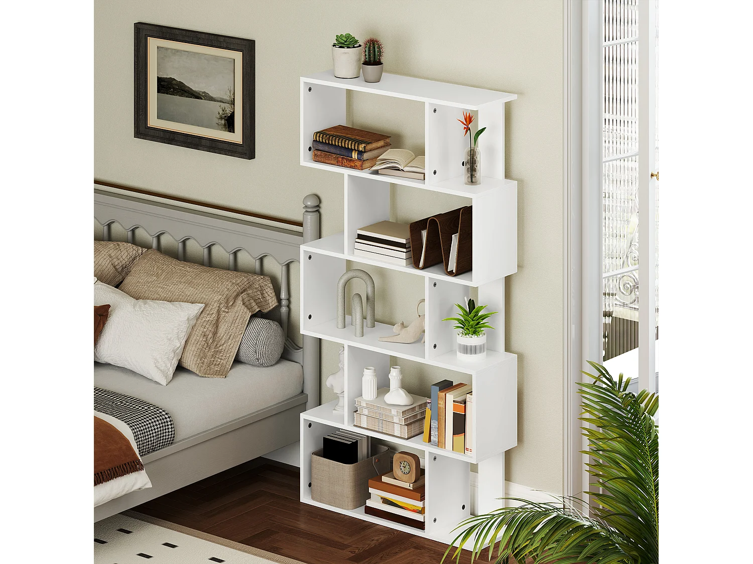 Mobile libreria a 5 ripiani con 3 scaffali flessibili in legno bianco