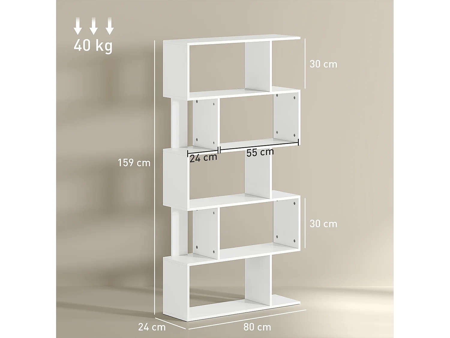 Mobile libreria a 5 ripiani con 3 scaffali flessibili in legno bianco