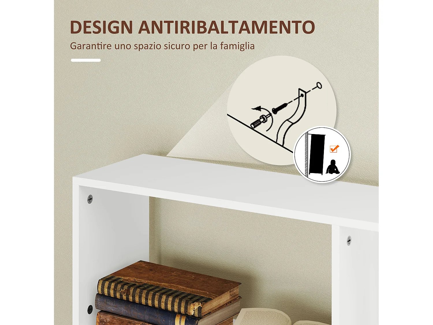 Mobile libreria a 5 ripiani con 3 scaffali flessibili in legno bianco