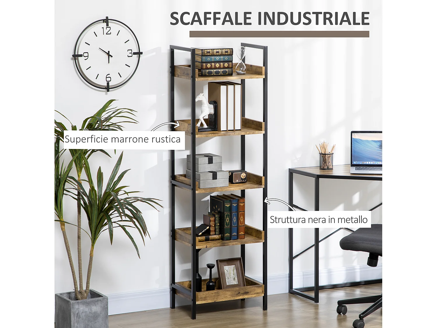 Mobile libreria a 5 ripiani in truciolato color legno 60x24x184.5 cm