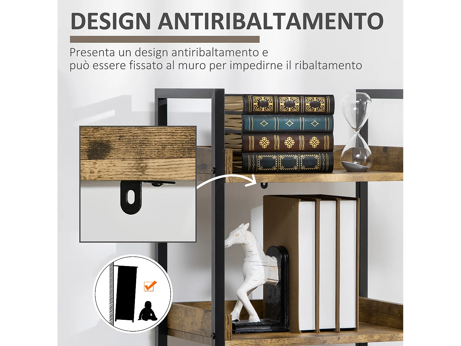 Mobile libreria a 5 ripiani in truciolato color legno 60x24x184.5 cm