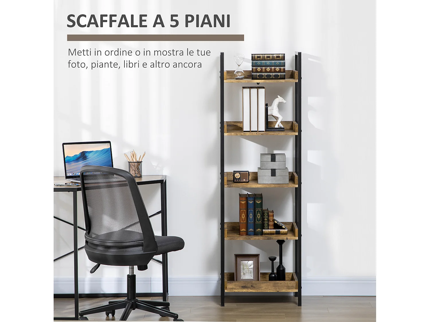 Mobile libreria a 5 ripiani in truciolato color legno 60x24x184.5 cm