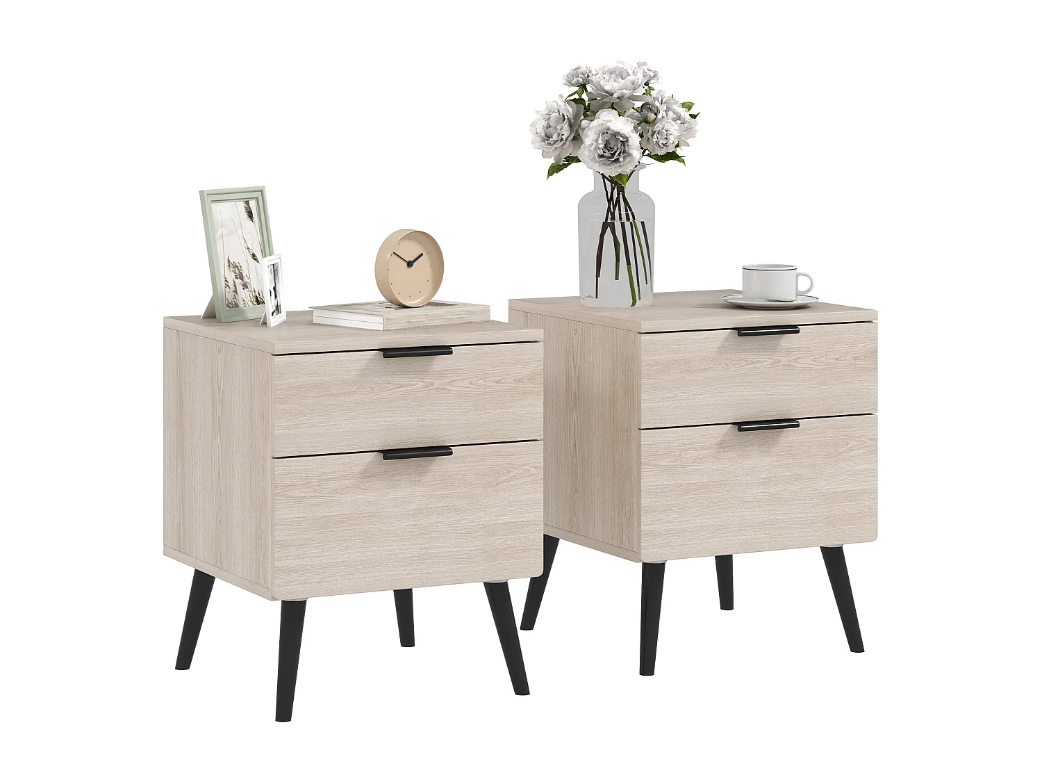 Set 2 comodini stile nordico con cassetto in truciolato color quercia