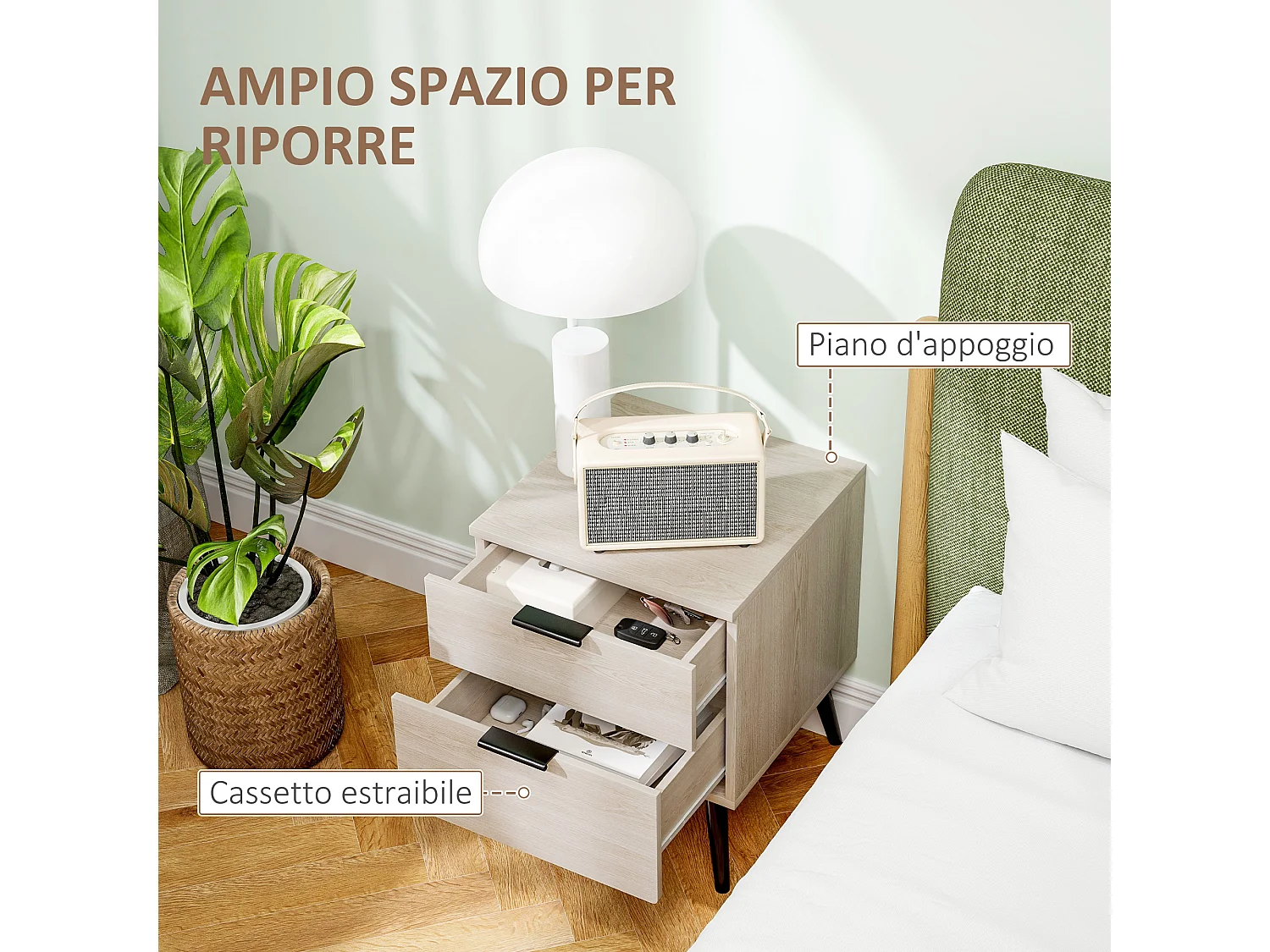 Set 2 comodini stile nordico con cassetto in truciolato color quercia