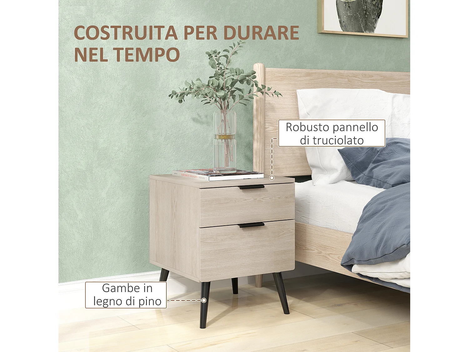 Set 2 comodini stile nordico con cassetto in truciolato color quercia