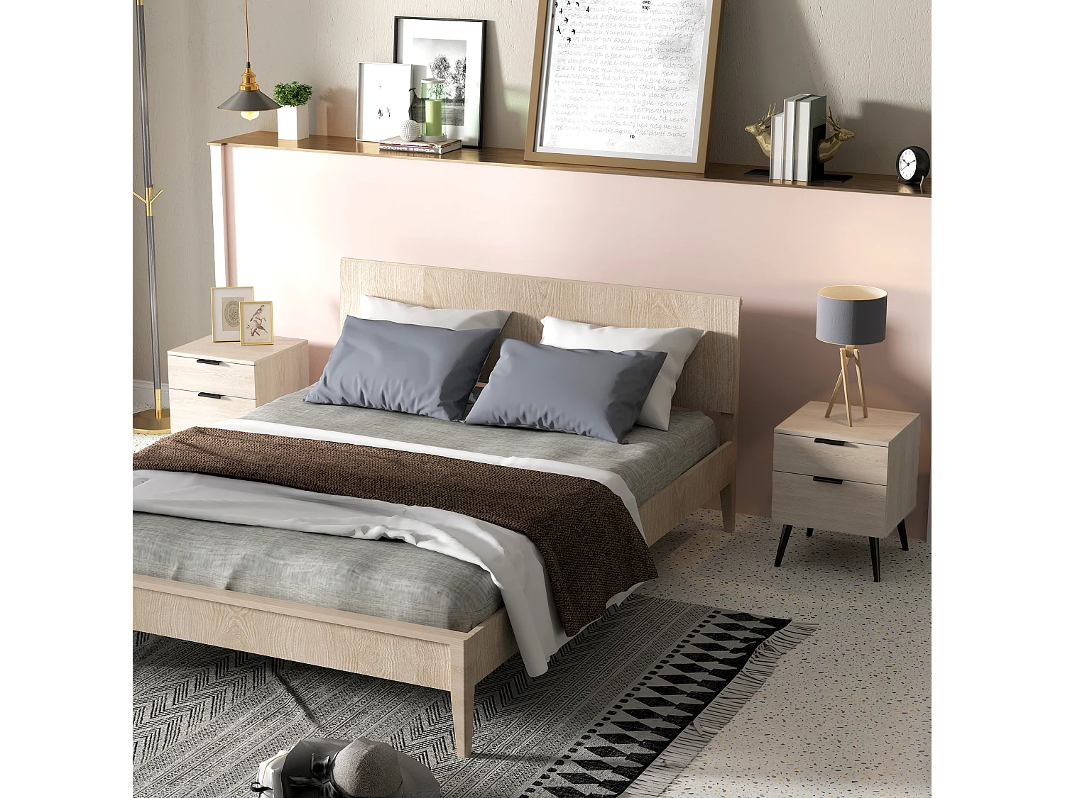 Set 2 comodini stile nordico con cassetto in truciolato color quercia