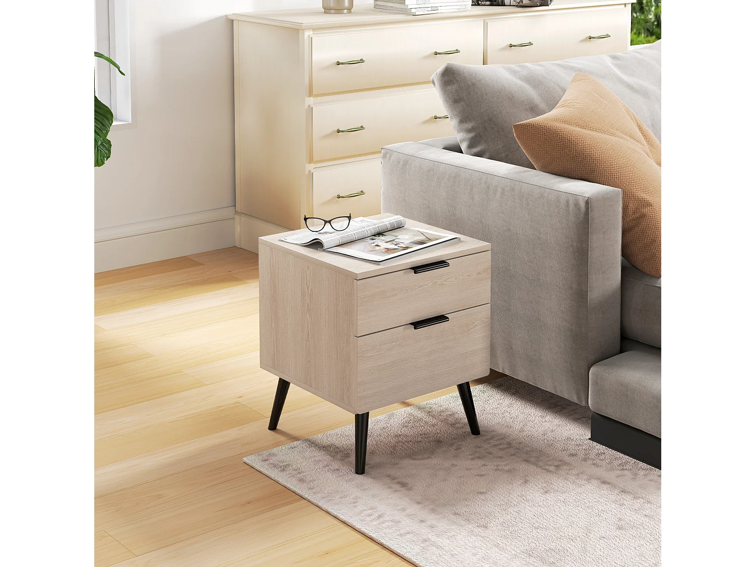 Set 2 comodini stile nordico con cassetto in truciolato color quercia