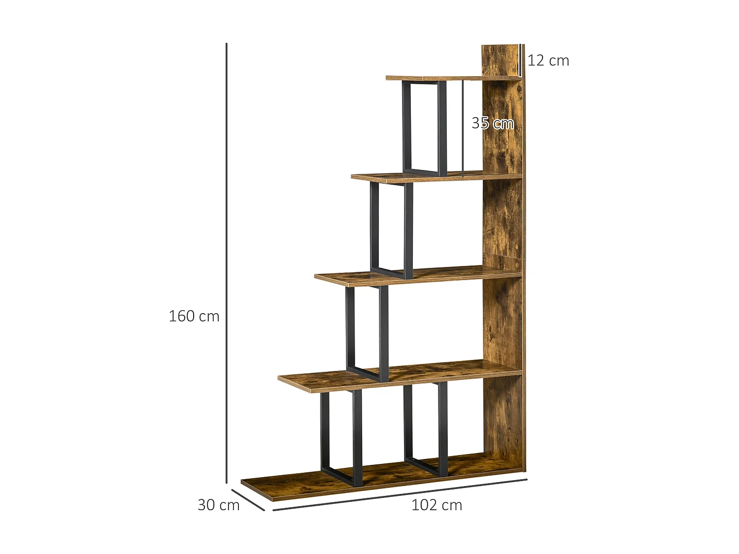 Libreria asimmetrica a s a 5 livelli in truciolato 80x24x159 cm bianco