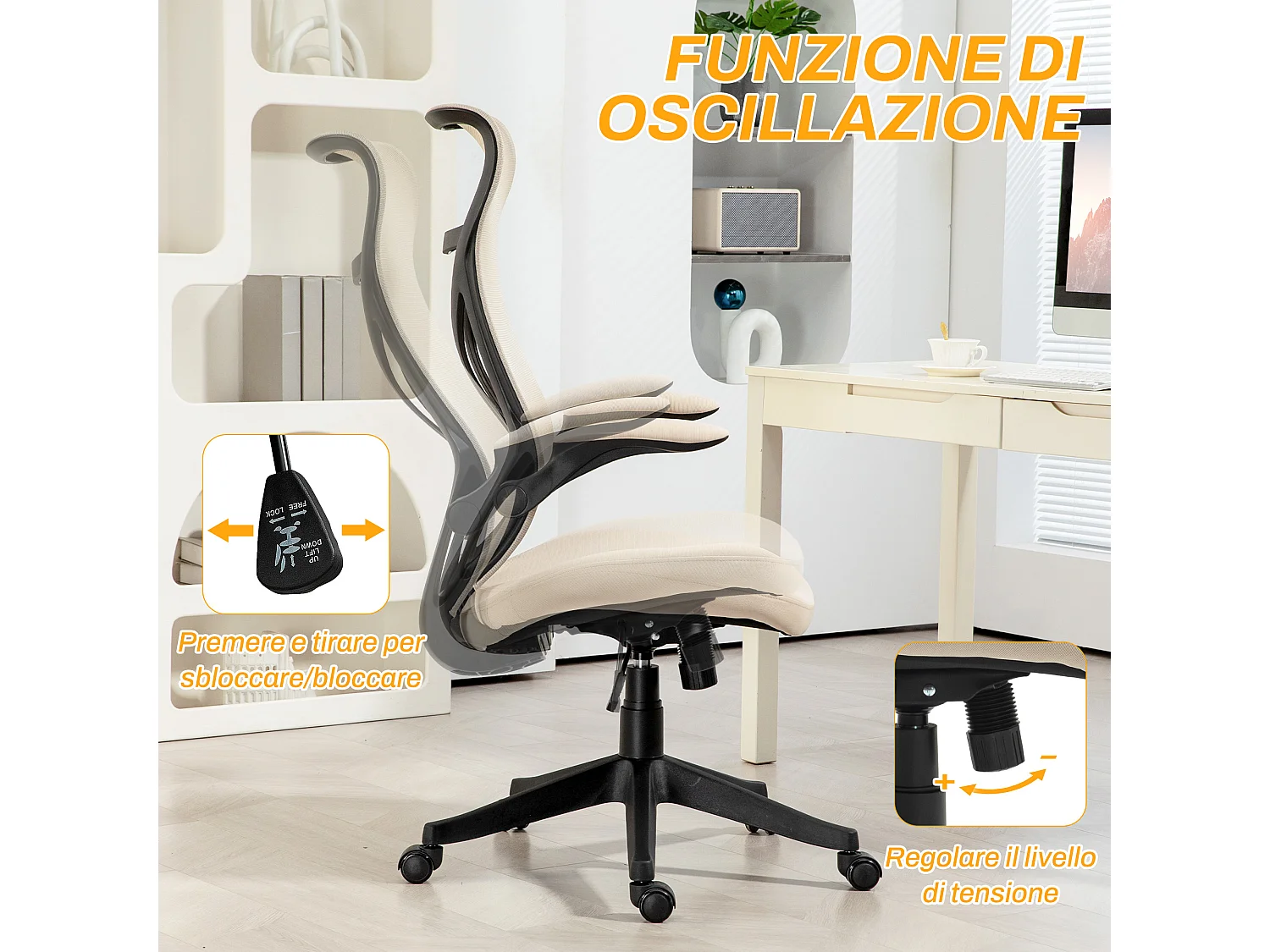 Sedia da ufficio con braccioli ribaltabili e altezza regolabile beige