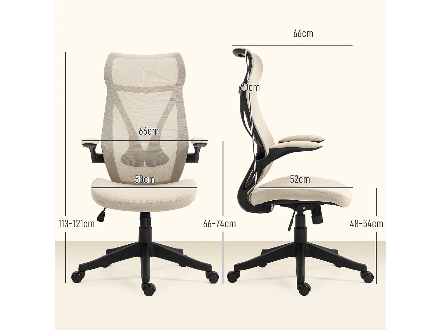 Sedia da ufficio con braccioli ribaltabili e altezza regolabile beige