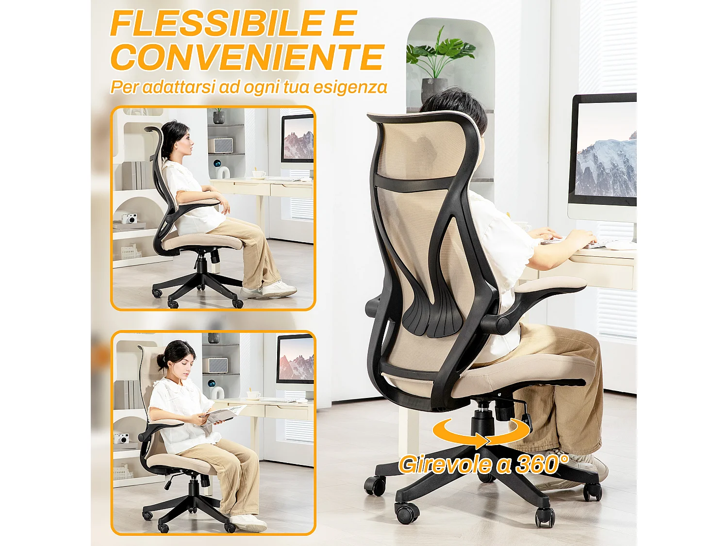 Sedia da ufficio con braccioli ribaltabili e altezza regolabile beige