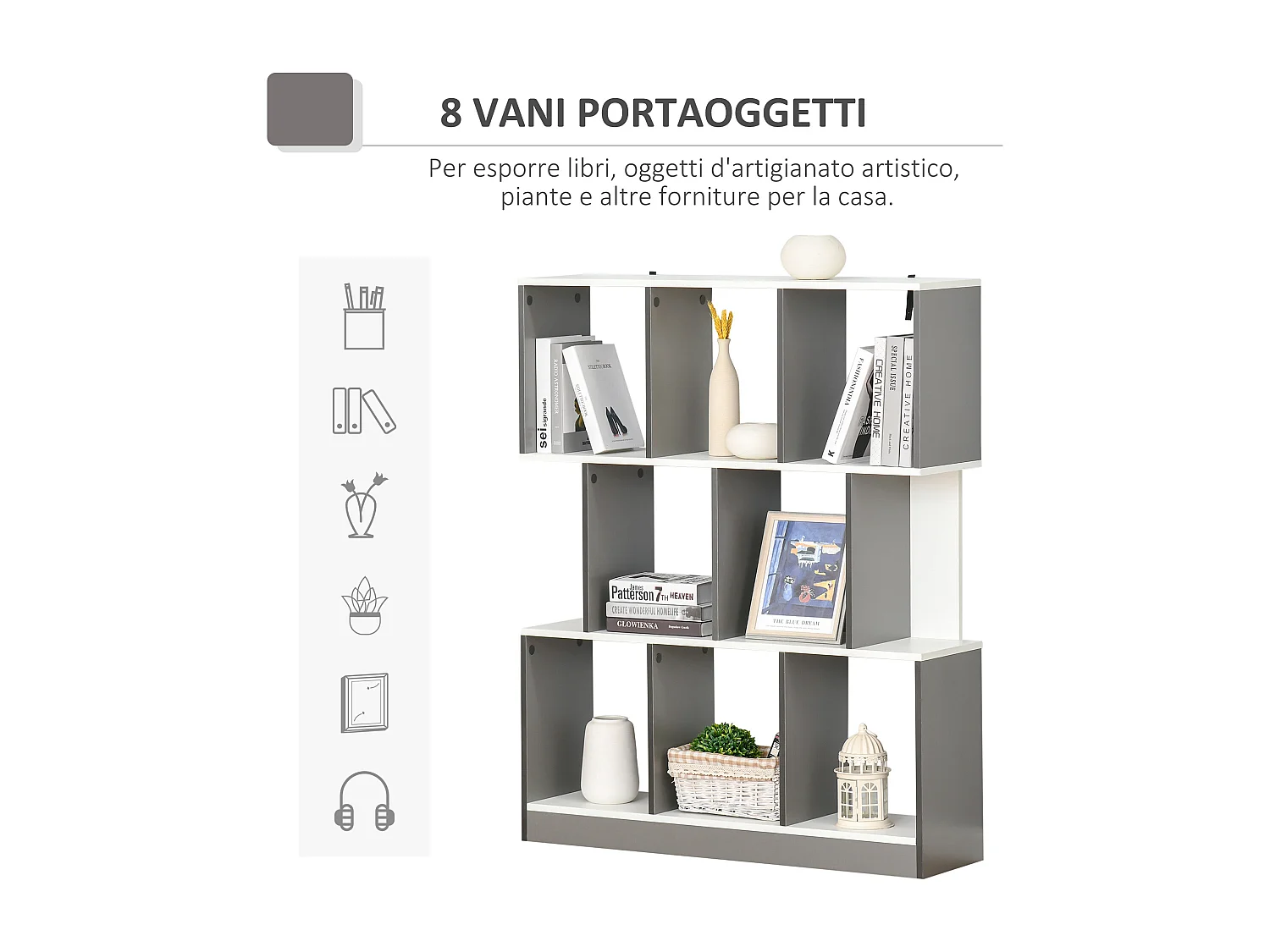 Libreria moderna in legno con 6 ripiani per casa e ufficio