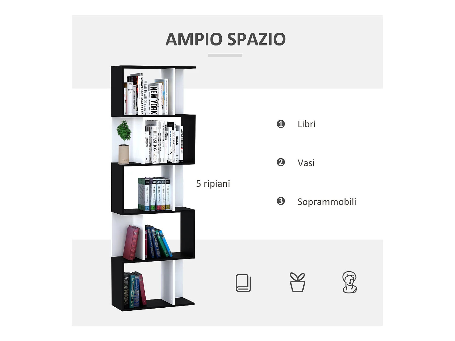 Libreria moderna a 5 livelli e 8 ripiani aperti in truciolato