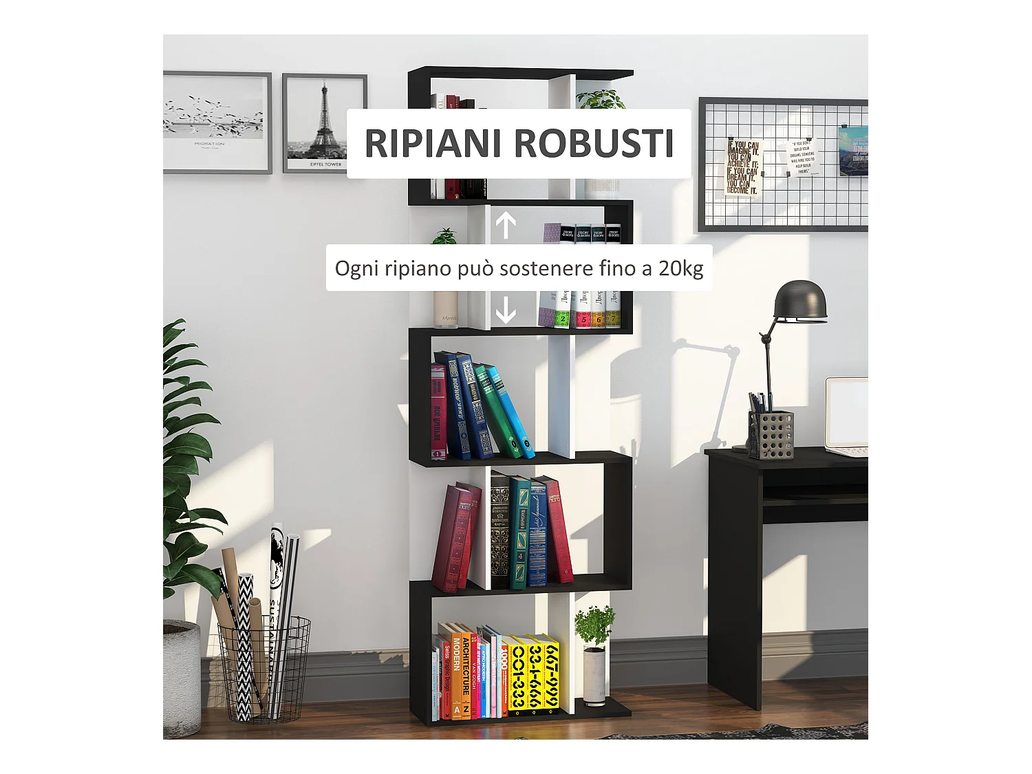 Libreria moderna a 5 livelli e 8 ripiani aperti in truciolato