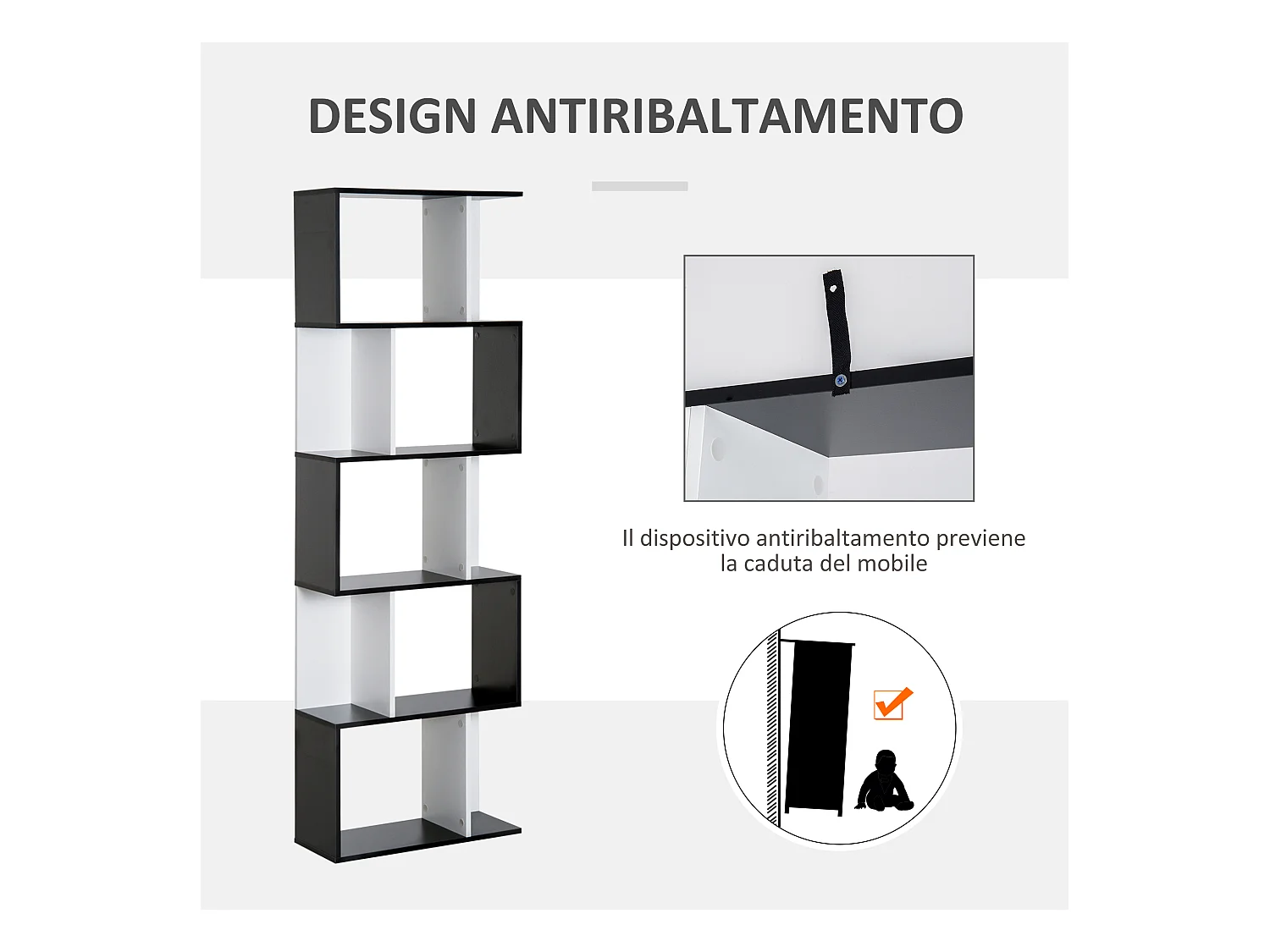 Libreria moderna a 5 livelli e 8 ripiani aperti in truciolato