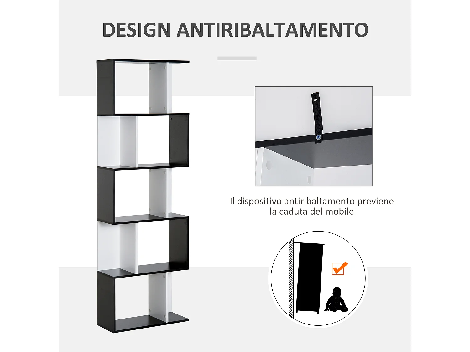 Libreria moderna a 5 livelli e 8 ripiani aperti in truciolato