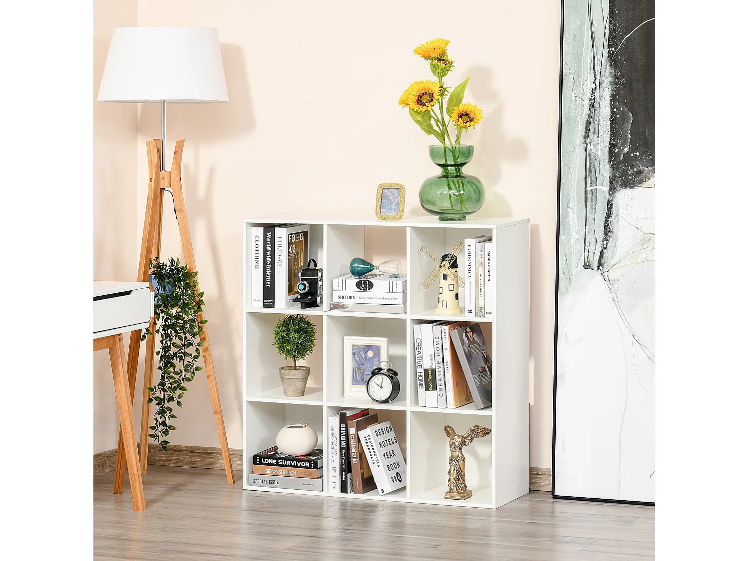 Scaffale libreria a muro con ante a 3 ripiani in legno e metallo nero