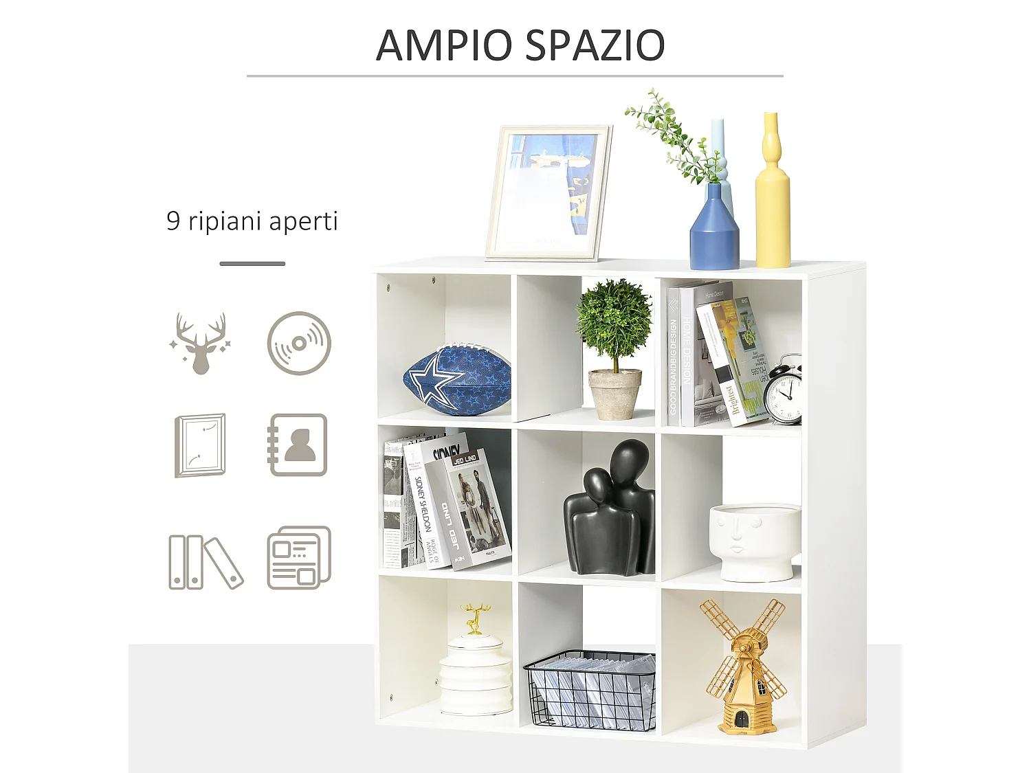 Scaffale libreria a muro con ante a 3 ripiani in legno e metallo nero