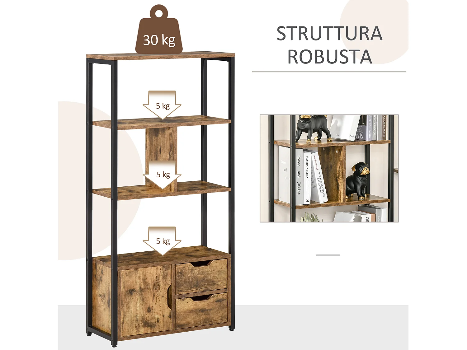 Mobile libreria a 5 ripiani in truciolato bianco 60x24x184.5 cm