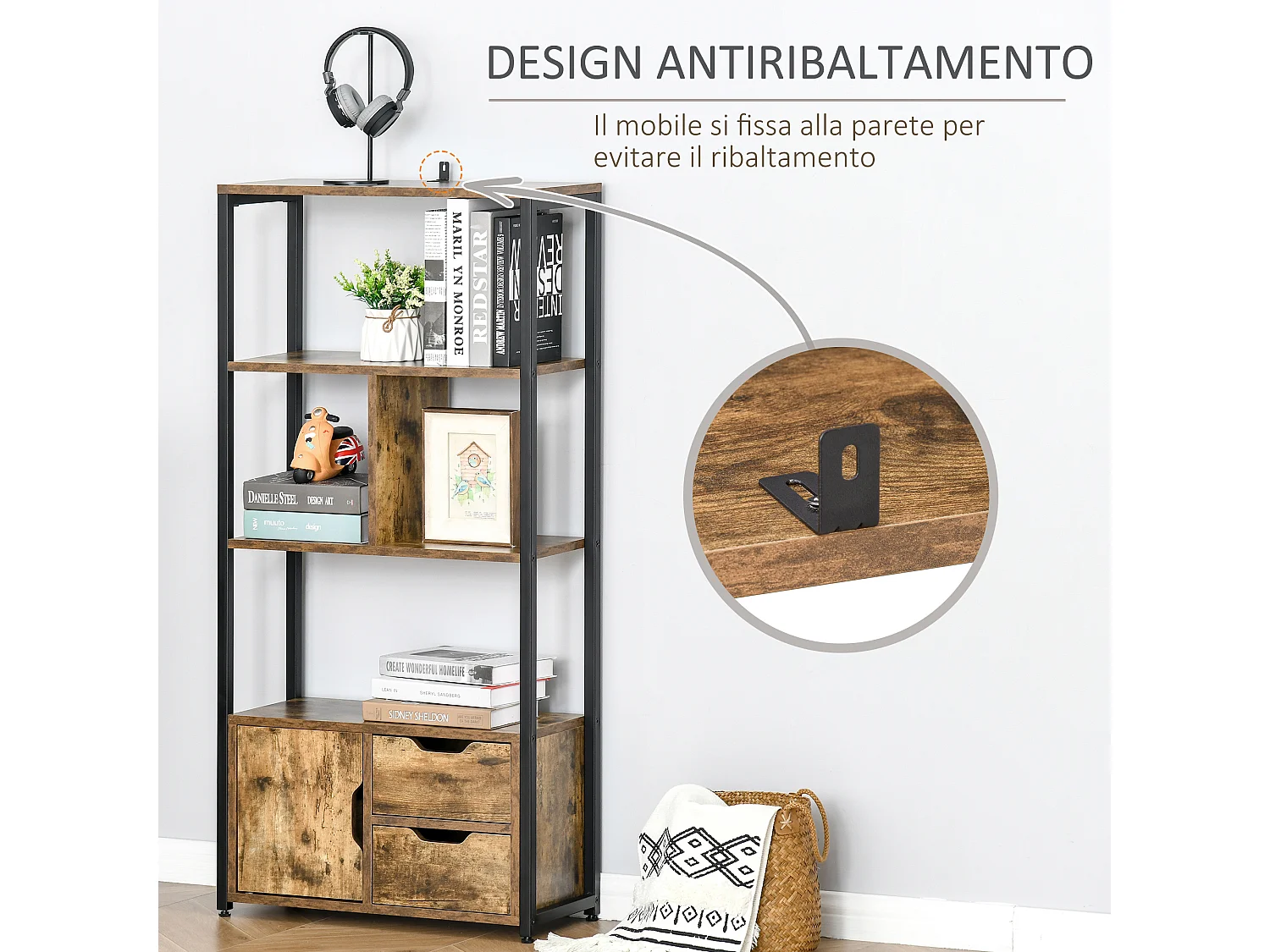 Mobile libreria a 5 ripiani in truciolato bianco 60x24x184.5 cm