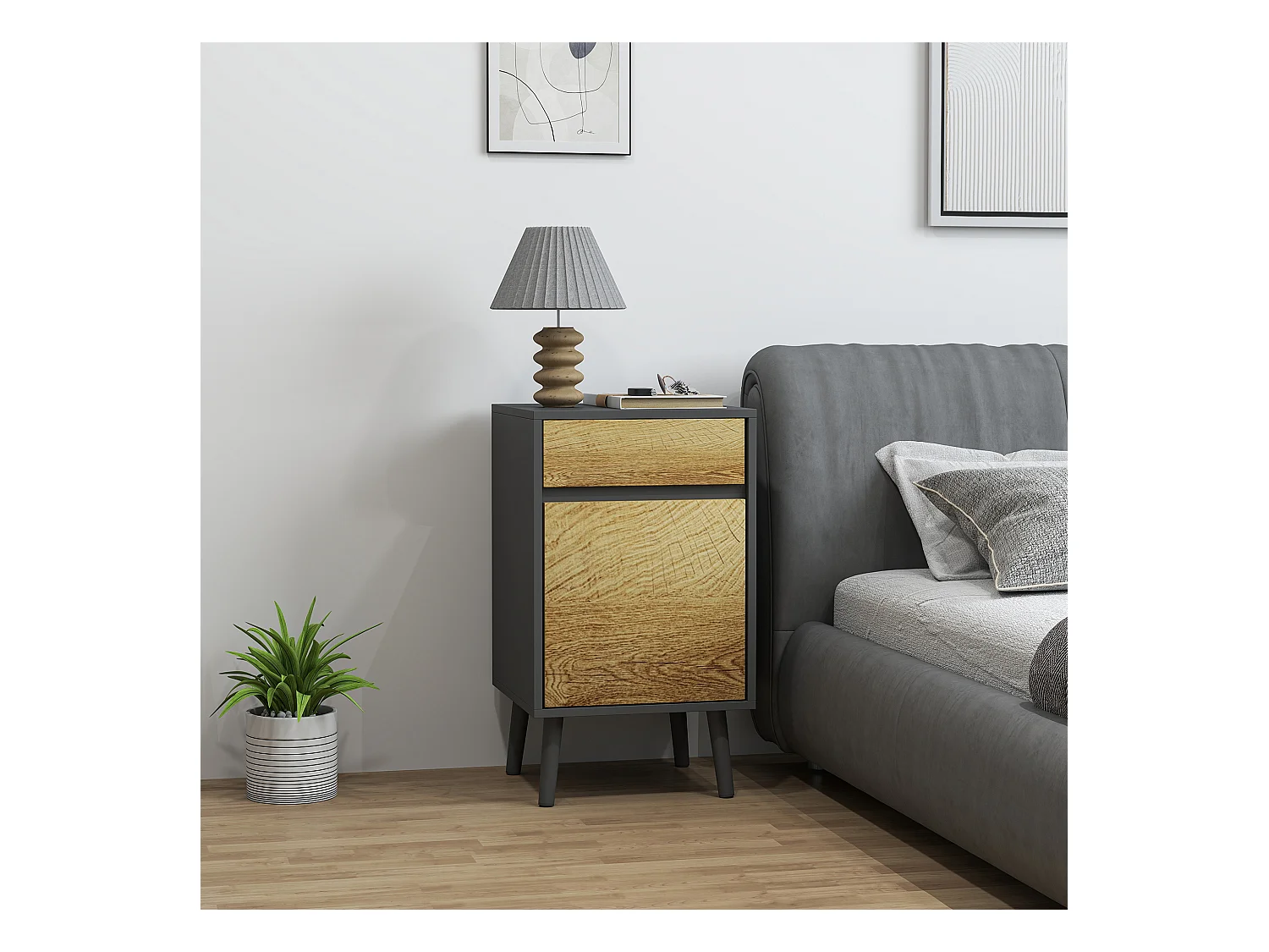 Comodino moderno con cassetto e armadietto grigio scuro e legno
