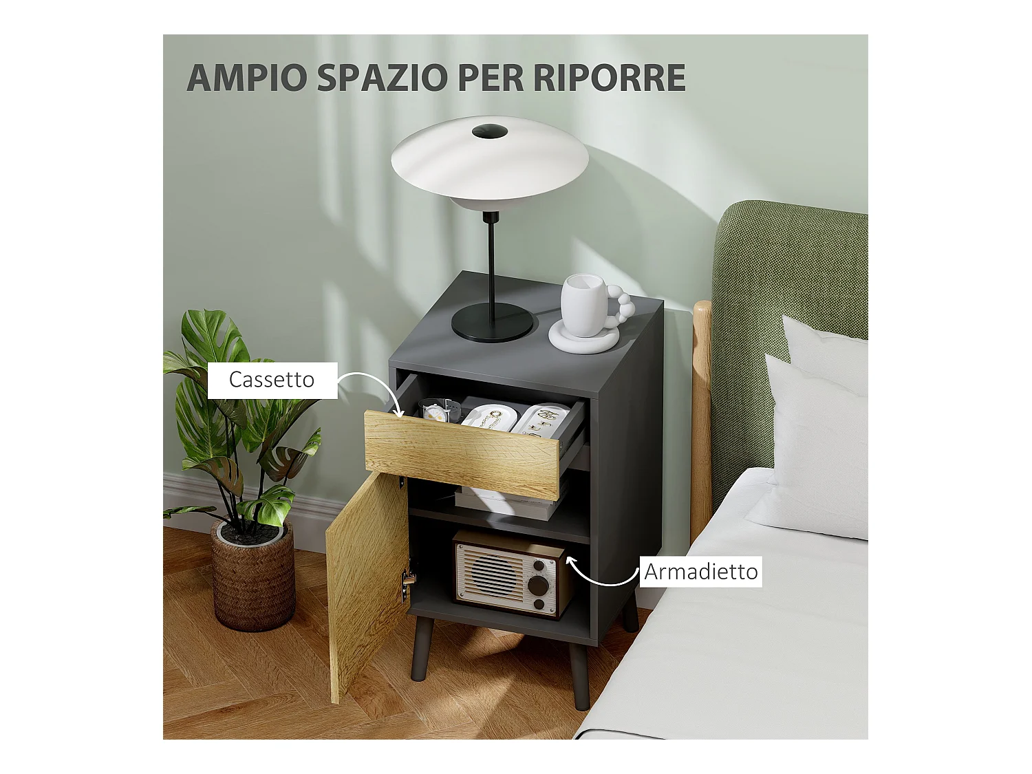 Comodino moderno con cassetto e armadietto grigio scuro e legno