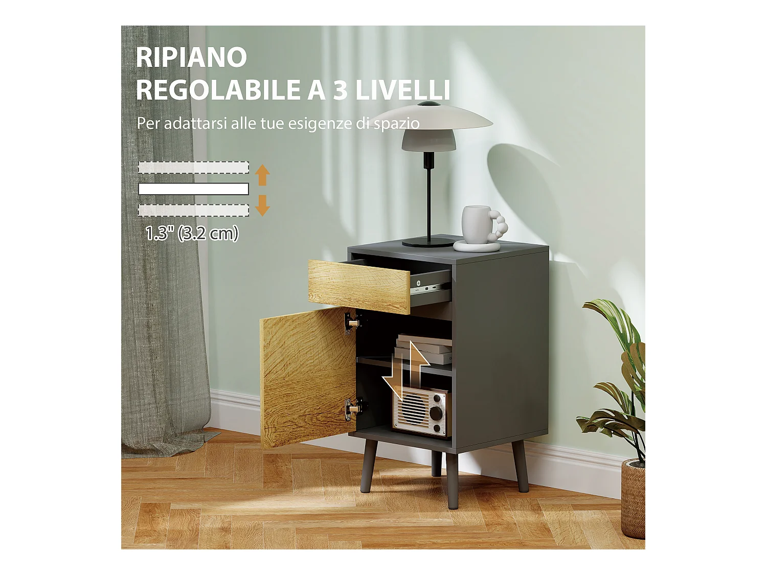 Comodino moderno con cassetto e armadietto grigio scuro e legno