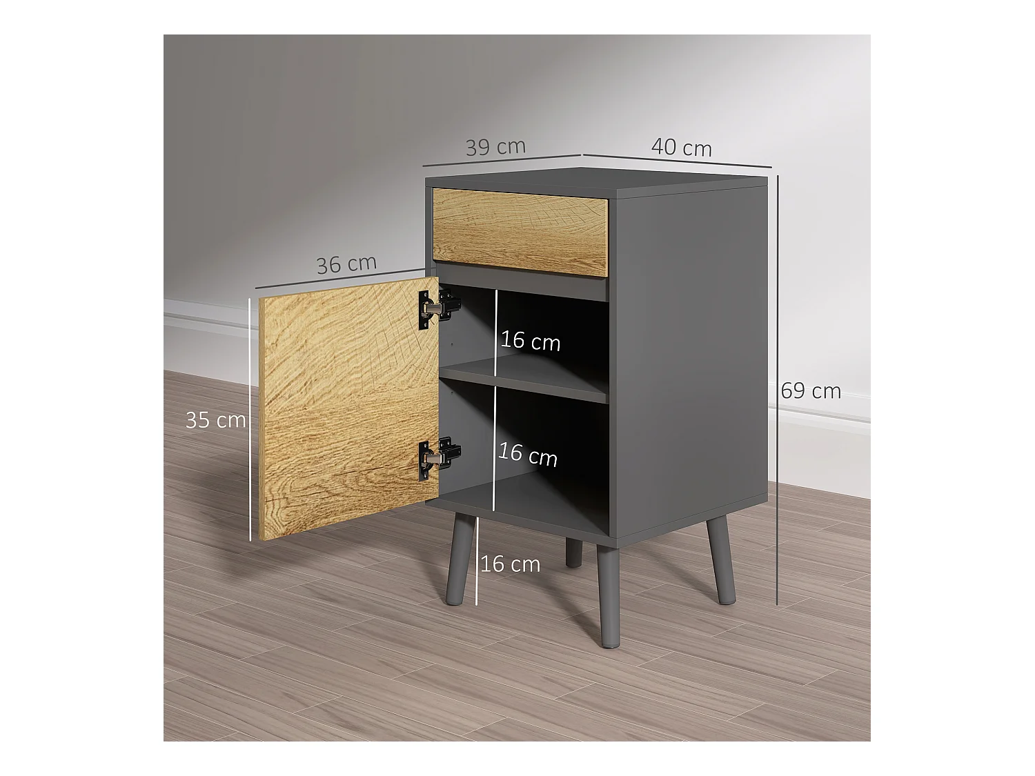 Comodino moderno con cassetto e armadietto grigio scuro e legno