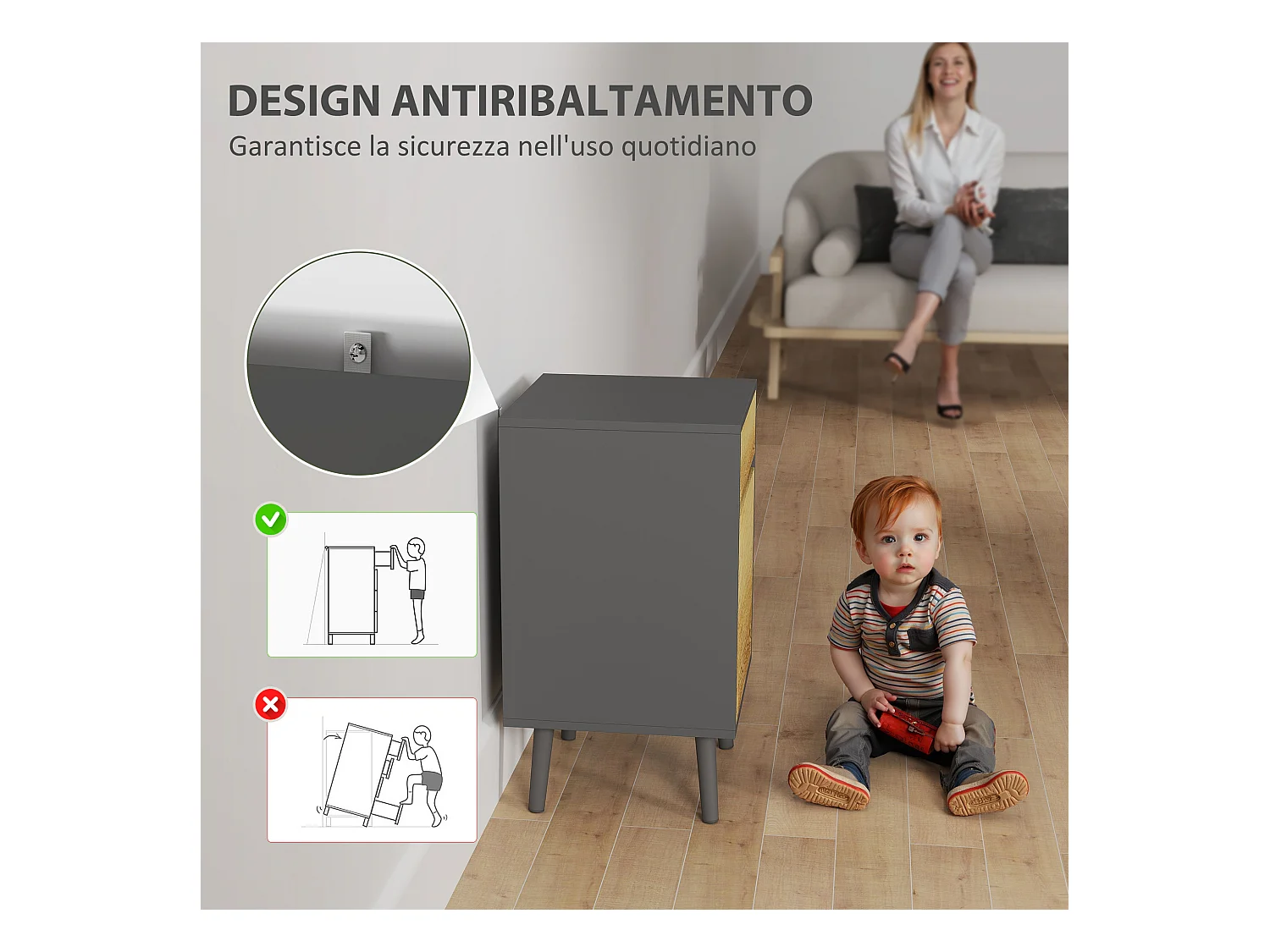 Comodino moderno con cassetto e armadietto grigio scuro e legno