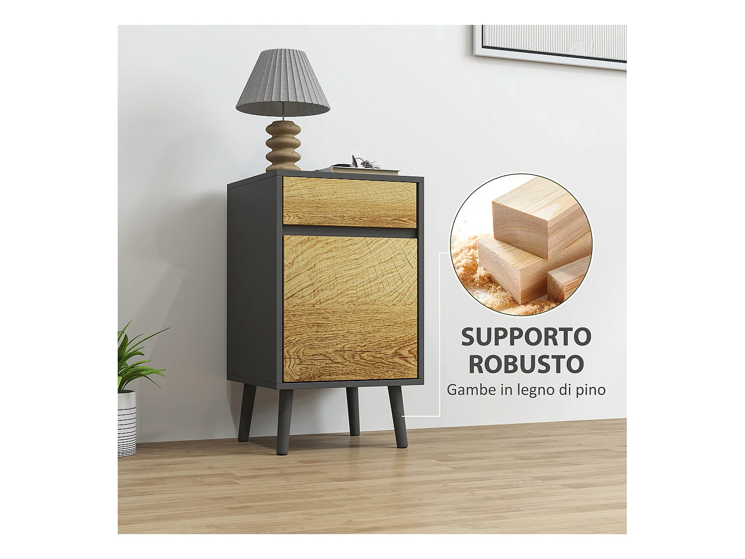 Comodino moderno con cassetto e armadietto grigio scuro e legno