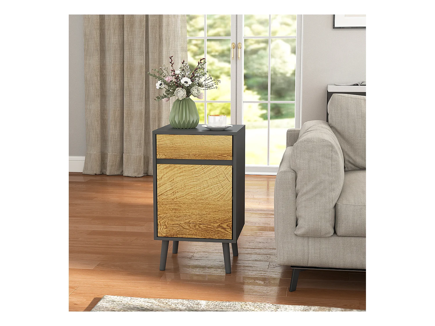 Comodino moderno con cassetto e armadietto grigio scuro e legno