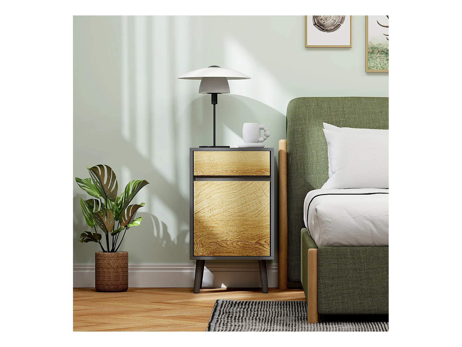 Comodino moderno con cassetto e armadietto grigio scuro e legno