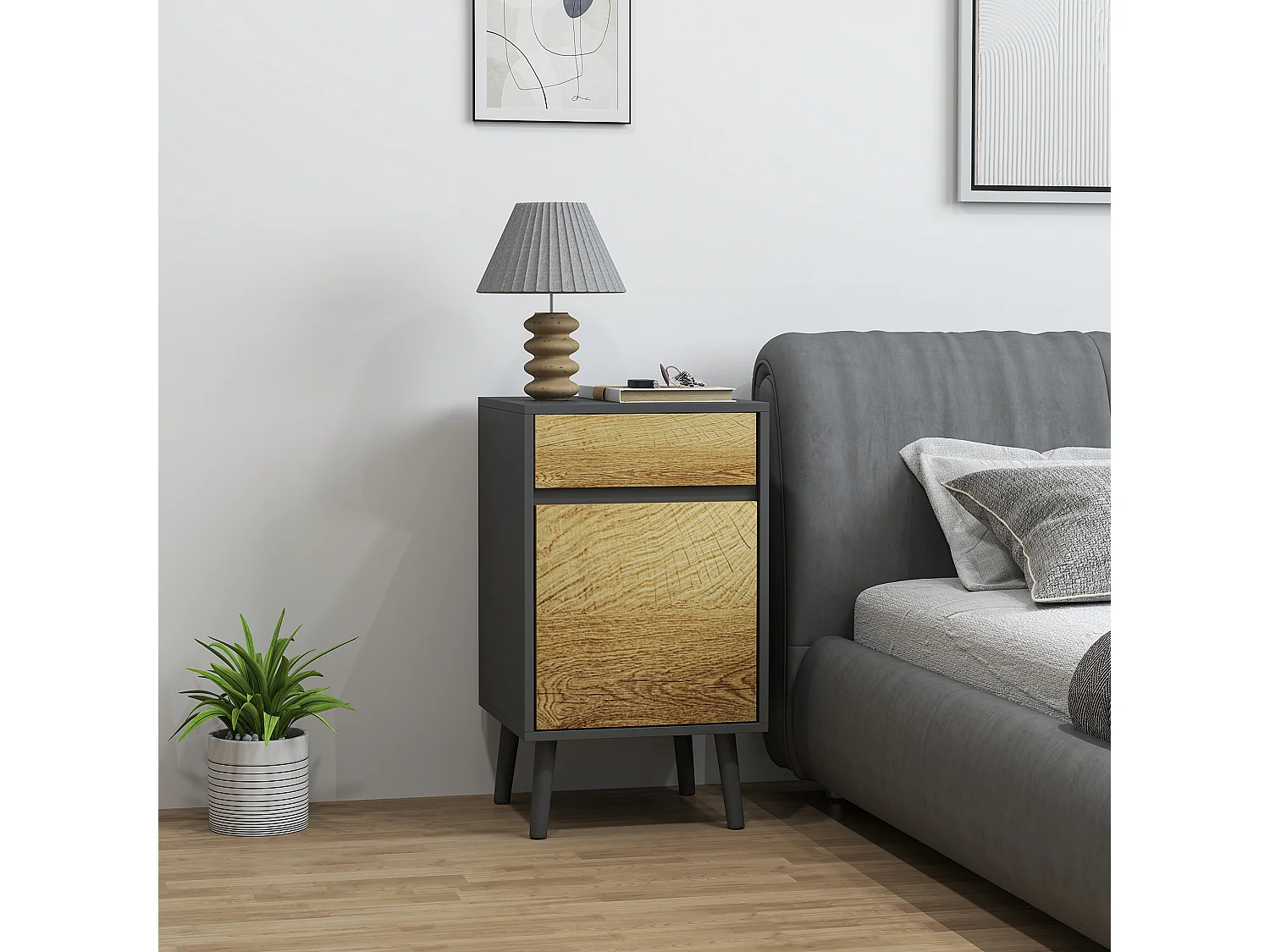 Comodino moderno con cassetto e armadietto grigio scuro e legno