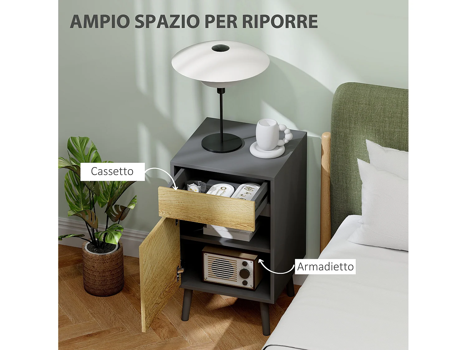 Comodino moderno con cassetto e armadietto grigio scuro e legno