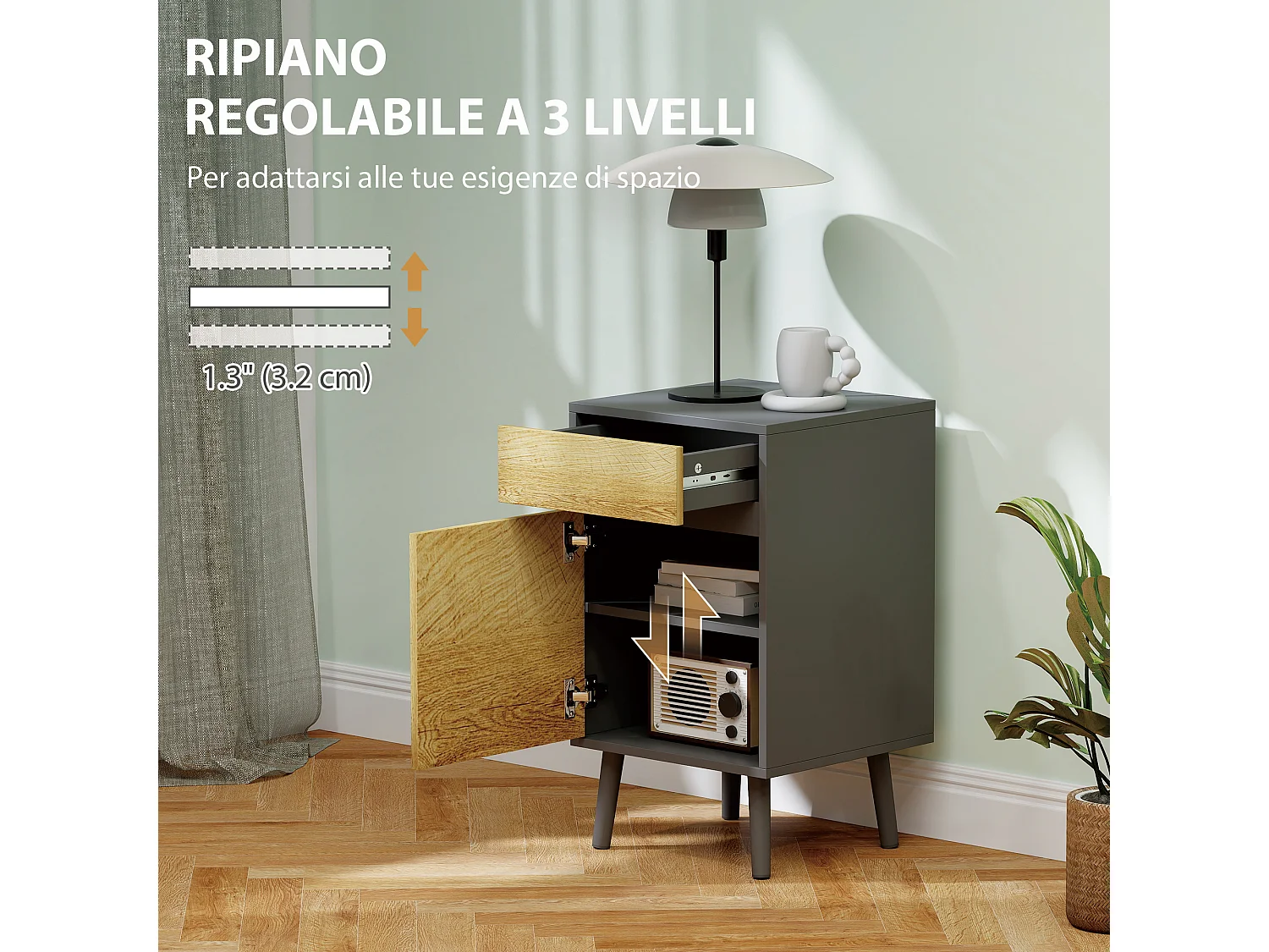 Comodino moderno con cassetto e armadietto grigio scuro e legno
