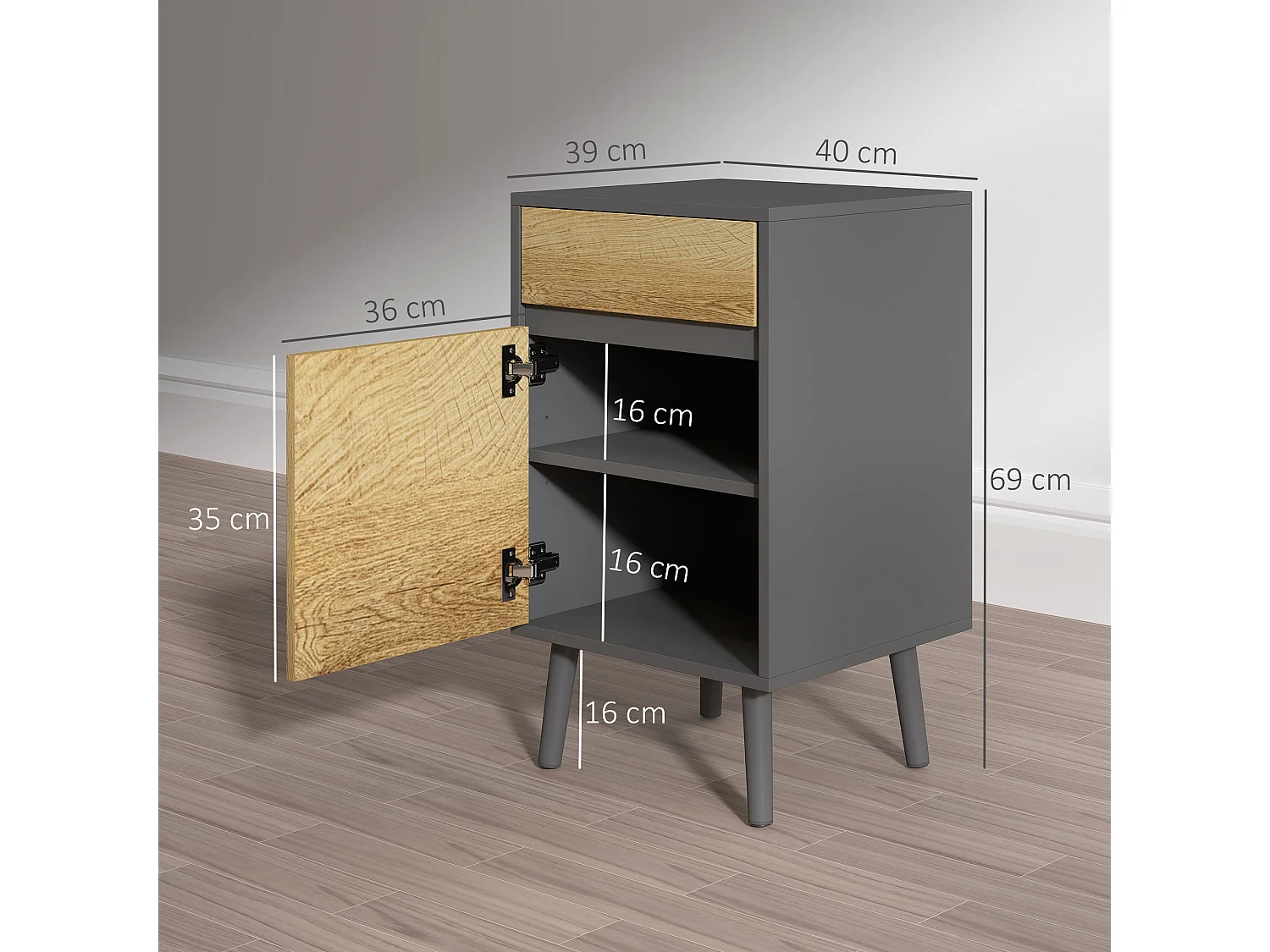 Comodino moderno con cassetto e armadietto grigio scuro e legno