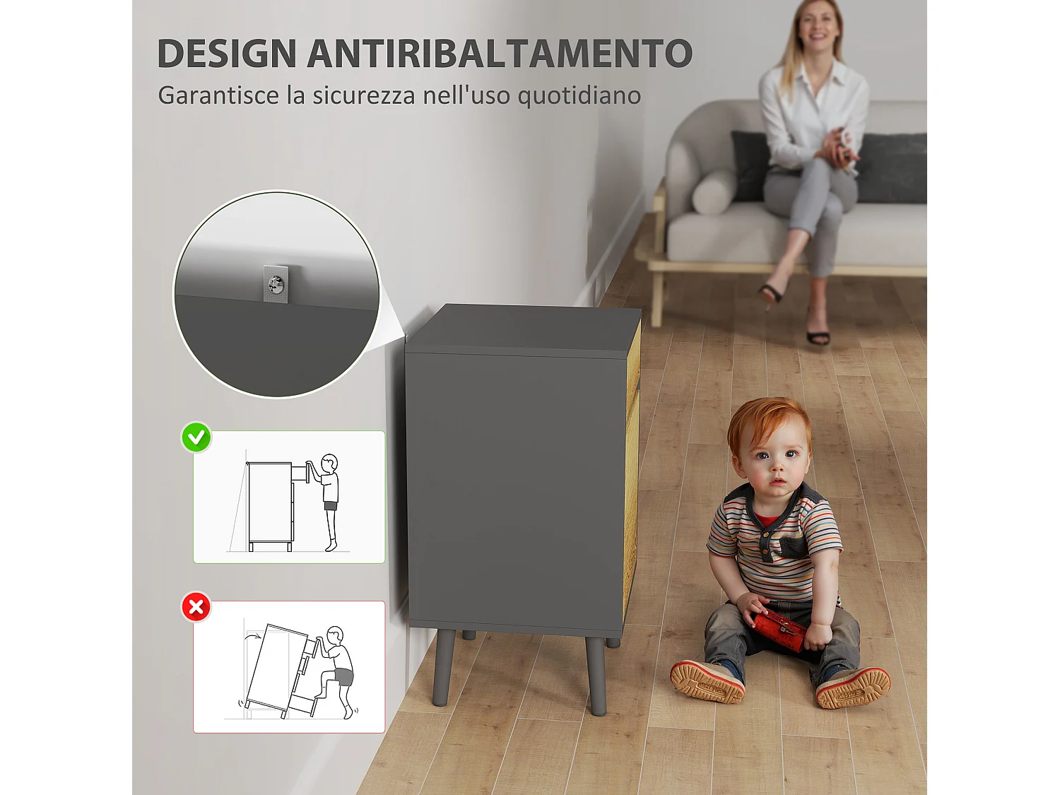 Comodino moderno con cassetto e armadietto grigio scuro e legno