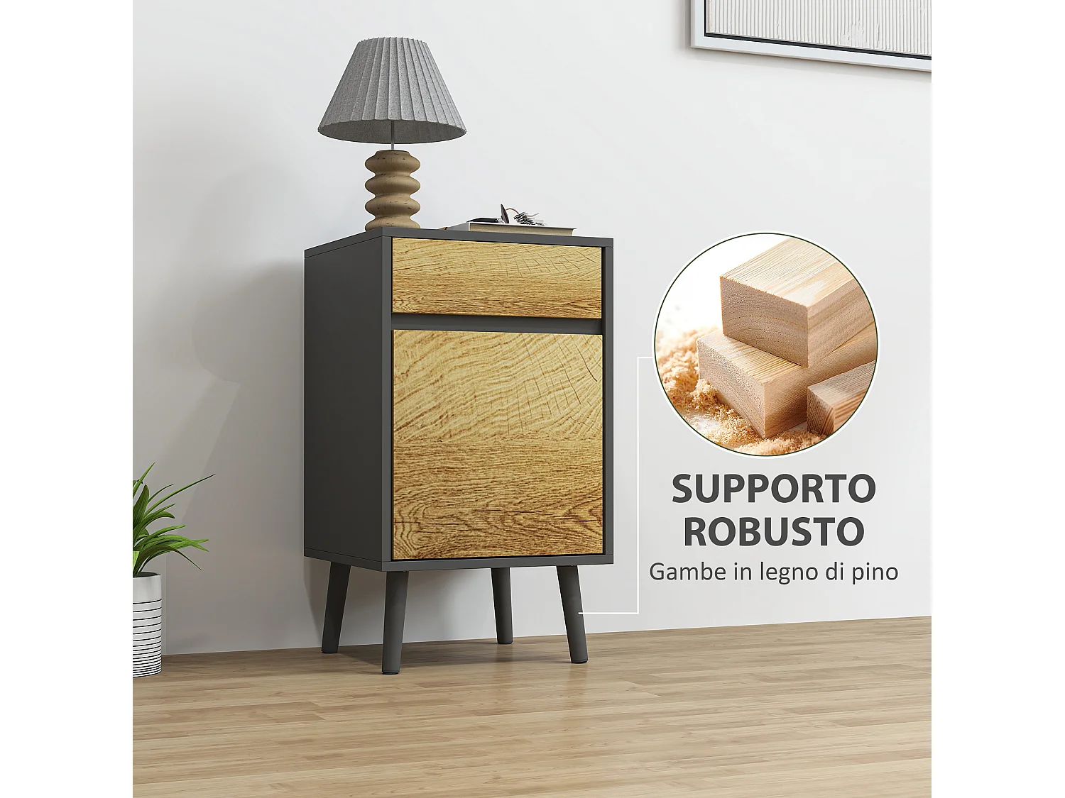 Comodino moderno con cassetto e armadietto grigio scuro e legno