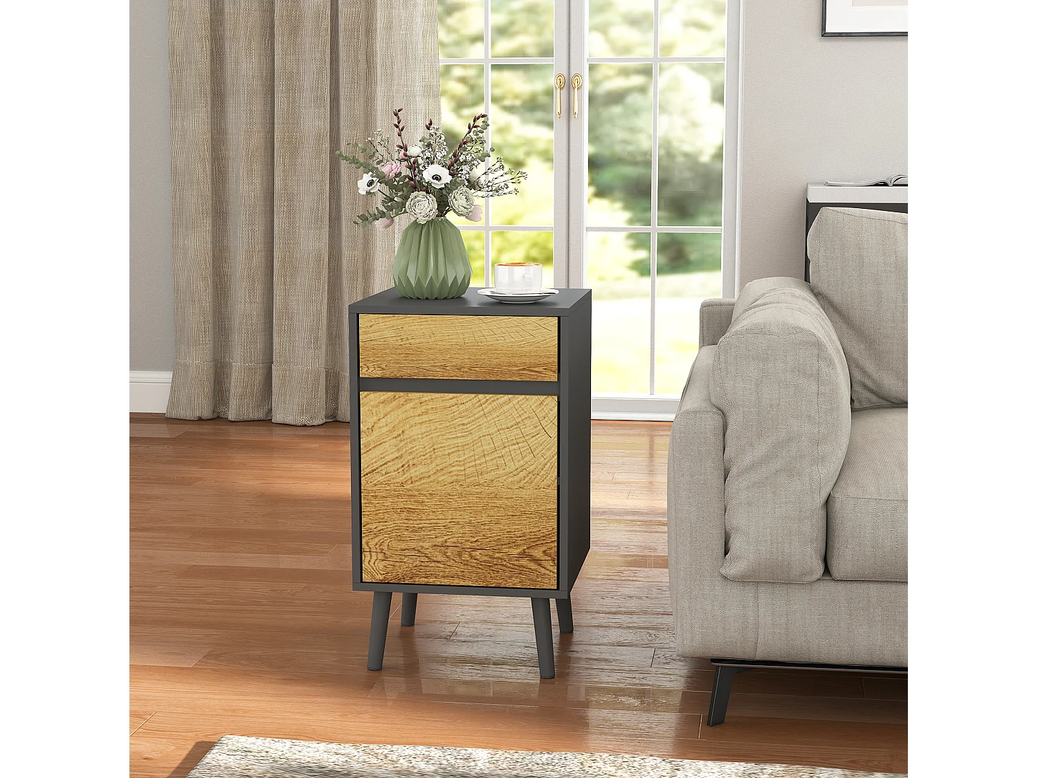 Comodino moderno con cassetto e armadietto grigio scuro e legno