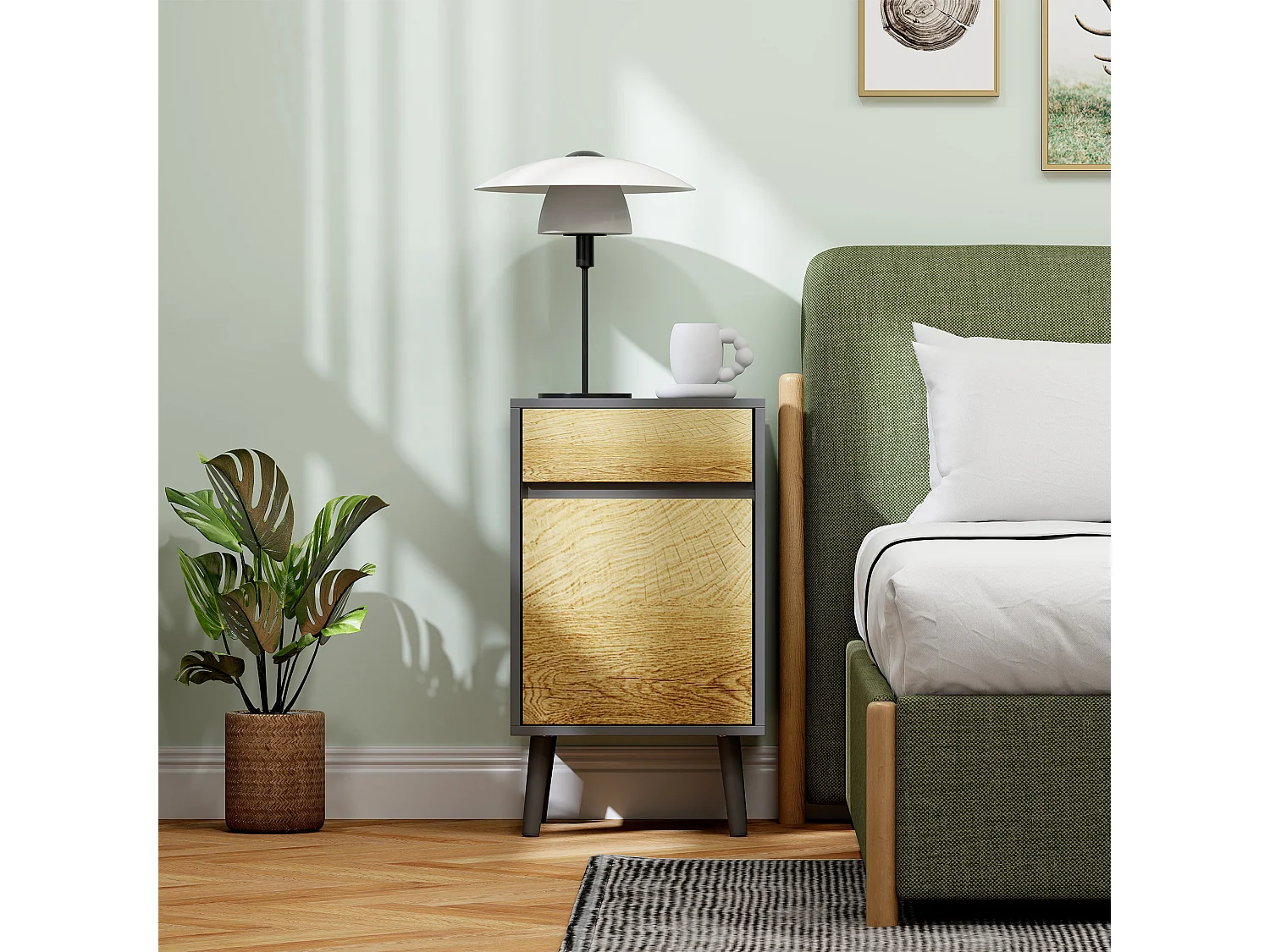 Comodino moderno con cassetto e armadietto grigio scuro e legno